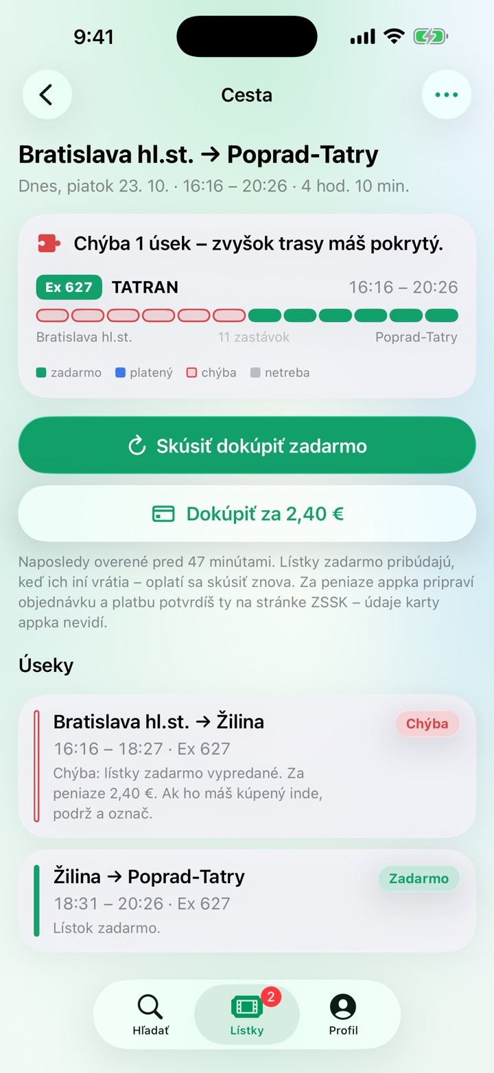 Detail cesty s chýbajúcim úsekom a dokúpením