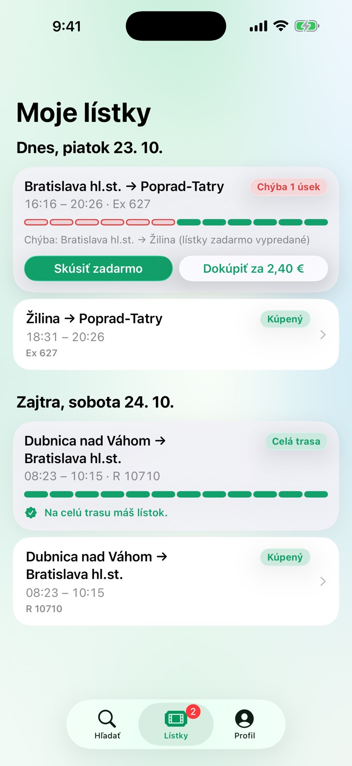 Lístky zoradené po dňoch a cestách